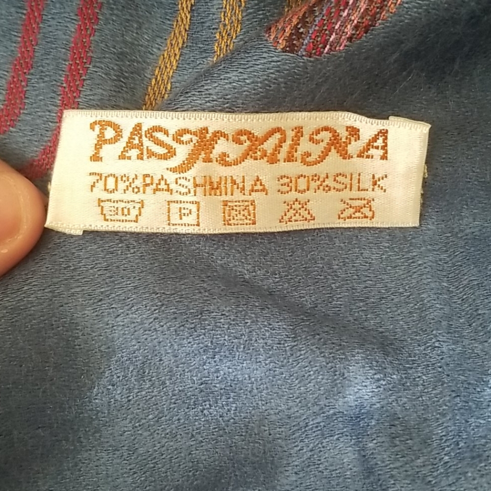 Blue/multi reversible pashmina and silk scarf